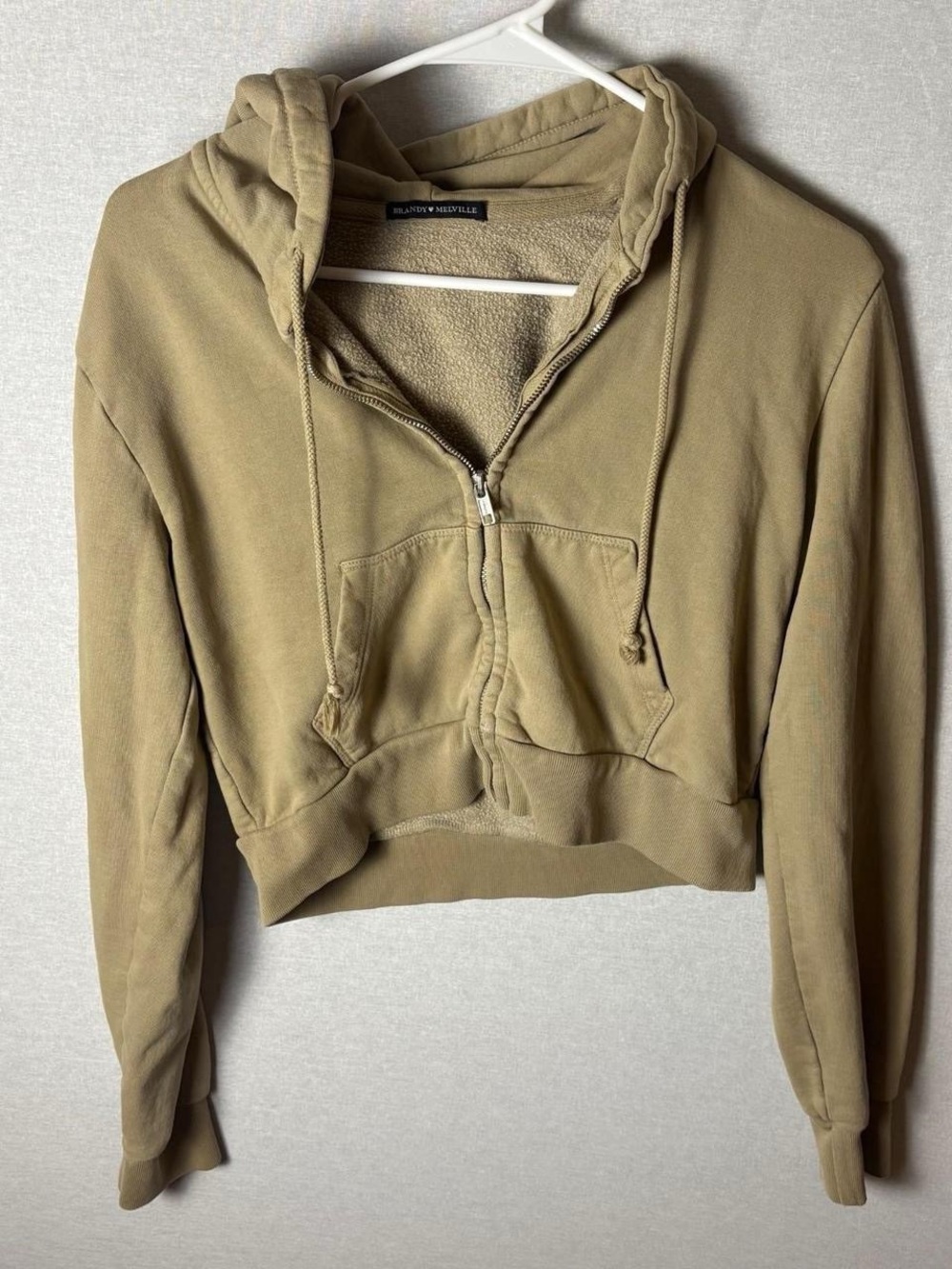 Brandy Melville Cropped Zip up Hoodie Tan sweatshirt one size